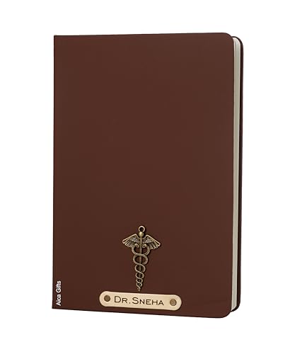 Image of AICA Personalized Name & Charm Doctor Leather Notebook Diary - A5 Size, 180 Ruled Pages (Dark Brown) | Customized Gift for Doctors Retirement Farewell Appraisal Birthday For Men Women Girls Boys