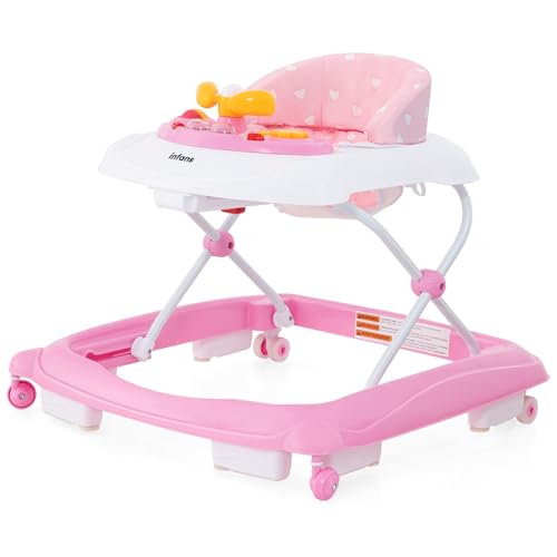INFANS Foldable Baby Walker, 3 in 1 Toddler Walker Leaning-Seated Walk-Behind with Removable Music Tray, Adjustable Height, Washable Seat Cushion for Boys and Girls (Heart)