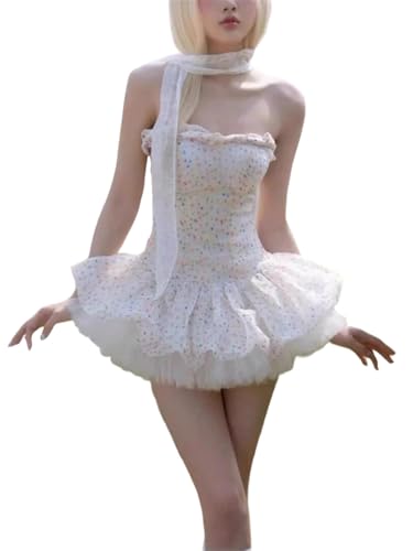 Vestido de mujer sin tirantes sin mangas estampado coreano dulce mini vestido, 1, S