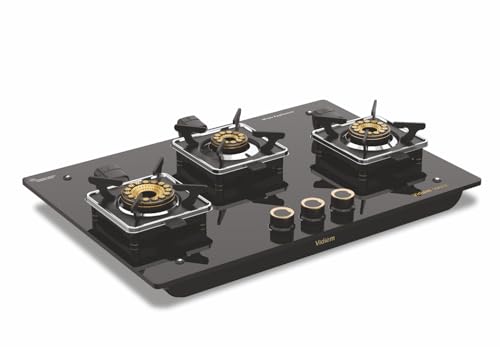 Image of Vidiem Vogue 3-Burner Gas Cooktop /Hob | World's First Fully Removable Burner Assembly | 10Mm Toughened Glass | Hexa Flame Forged Brass Burners | 5Mm Thick Pan Support | Manual Ignition - Black
