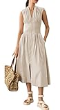 GUNEST Womens Apricot Dress Deep V Neck Zip Up Cap Sleeve Smocked Elastic Waist Split Summer Casual Midi Dress with Pockets