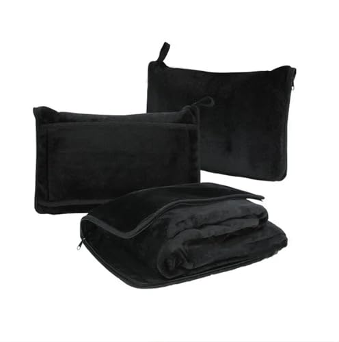 TYNXK Manta Almohada 1 Manta de Almohada Multifuncional 2 en 1 for Coche, Manta de Viaje Plegable con Cremallera de Franela Manta De Viaje Plegable(Black)