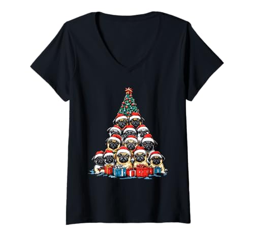 Womens Pug Santa Hat Christmas Tree Funny Xmas Dog Lover Pajama V-Neck T-Shirt