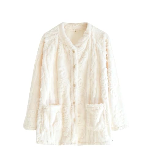 Oplxuo Plush Bed Jackets for Elderly Women Cozy Fuzzy Fleece Pajama Tops Button Up Sleepwear Long Sleeve Coats with Pockets White