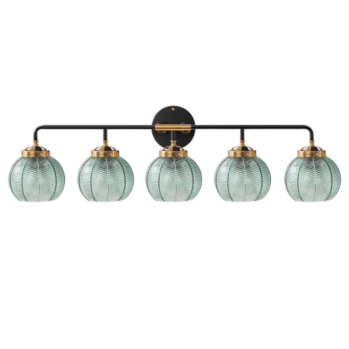 Image of 5-Light Bathroom Vanity Light Green Wall Lights Glass Globe Shade