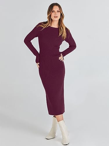 Image of ANRABESS Women Long Sleeve Sweater Dress Crewneck Bodycon Stretch Slim Fit Ribbed Knit Midi Dresses 2025 Fall Trendy Outfits Wine Red X-Large