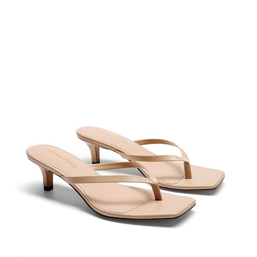DREAM PAIRS Kitten Heels for Women Flip Flop Low Heels Square Open Toe Sandals Thong 1.96 Inch Heeled Sandals for Summer Vocation,Size 7.5,Nude,SDHS25001W