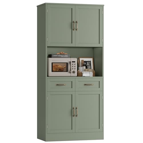 HOSTACK 71 Tall Kitchen Pantry Storage Cabinet Modern Kitchen Hutch Bar Cabinet with Microwave Stand Wood Buffet Sideboard with Hutch Cupboard with Drawers Shelves for Dining Room Green