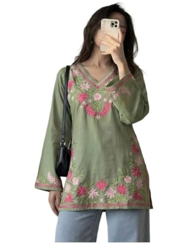 Buy ANNI Designer Short Kurti Women Viscose Embroidered Green - Image 1