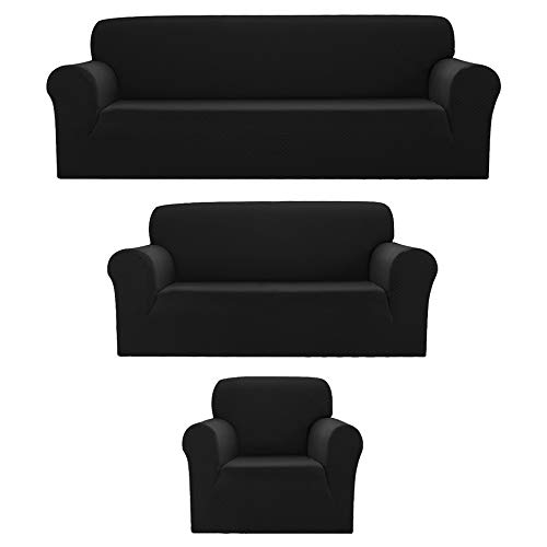 Sapphire Home 3-Piece Couch Cover Set, Sofa, Loveseat, and Arm Chair Slipcovers, Form fit Stretch, Wrinkle Free, Furniture Protector, Sofa Covers for Living Room, Diamond Pattern (Black)