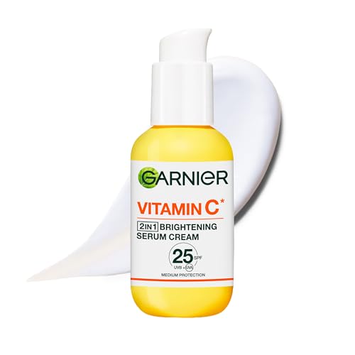 Garnier Vitamin C Serum Cream SPF 25 2-in-1 Brightening Face Moisturizer with 20% Vitamin C Hydrates Protects and Reveals Bright Glowing Skin Organic Cruelty-Free & Vegan All Skin Types 50ml