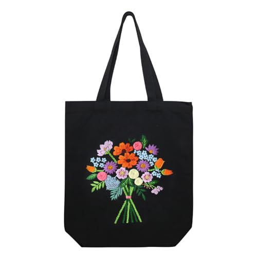 Image of Eforcase Canvas Handbag Embroidery Kit, Flower Embroidery DIY Craft Floral Tote Bag Beginner Kit Include Hoops Color Threads Needle, DIY Sewing Stamped Set