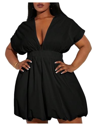 Image of WDIRARA Women's Plus Size Deep V Neck Bubble Dress Short Sleeve A Line Mini Dresses