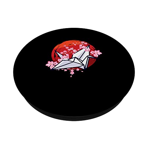 Japan Zen Circle Cherry Blossom Origami Paper Crane Japanese PopSockets Swappable PopGrip, Black - Image 2