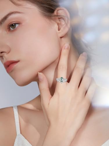 Natural Moss Agate Ring for Women 925 Sterling Silver Pear/Oval/Kite Cut Green Leaf Moss Agate Engagement Ring Promise Bridal Ring Set Anniversary Birthday Jewelry Gift-OMN93
