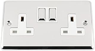 A5 Products 13A Double Plug Socket 2 Gang Polished Chrome Classic - White - Metal Rocker Switches
