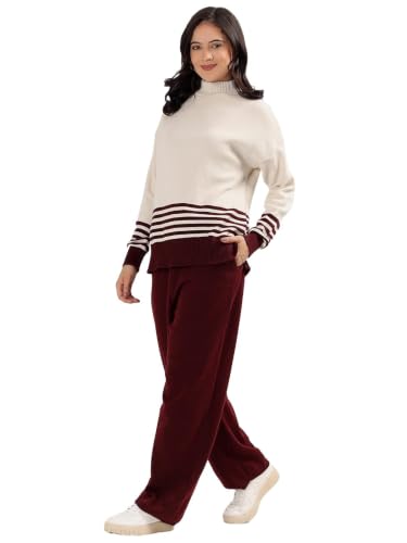 Image of Kvetoo Women Winter Coord Set Wool Blend Tracksuit High Neck Sweater and Wide Leg Pants Warm Knitwear Pyjama Set for Casual Office Travel Wear