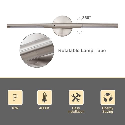 Image of Brushed Nickel Bathroom Light Fixtures Over Mirror 24 Inch, 18W 360 Rotatable Dimmable 4000K LED Vanity Light Bar, Modern Vanity Lights Above Mirror, Led Bathroom Lighting