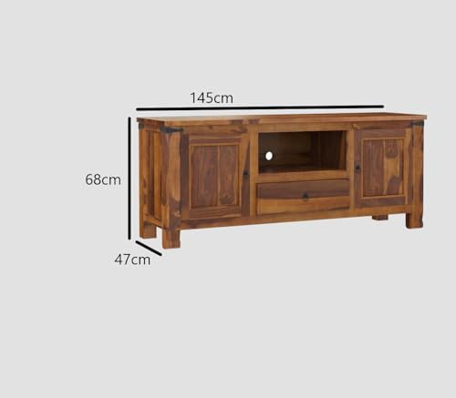 Image of Sheesham Rosewood, 1 Drawer Solid Wood TV Entertainment Unit | Wooen TV Cabinet Living Room & Office Honey Finish