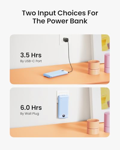 Image of Portable Charger Built-in Cables and Wall Plug, 10000mAh Slim USB C Power Bank, LED Display External Battery Pack Compatible with iPhone /Android & More (Blue)