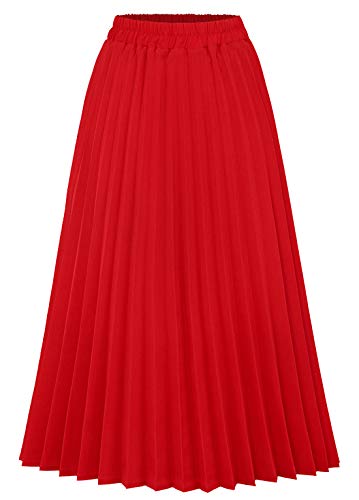 CHARTOU Womens Chic Elastic High Waisted A Line Leopard Print Pleated Shirring Midi-Long Skirt (Red, X-Large)