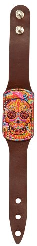 Leather Day Of The Dead Sugar Skull - Adjustable & Assorted Designs (Brown Leather / Multi-Color Skull)