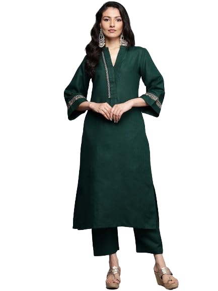 Varanga Women Green Mandarin Collar Thread Embroidered With Pleate Deatialing Kurta Paired With Bottom