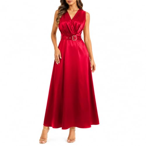 UMBERHE Women's Maxi Dress Sleeveless V Neck Pleated Wrap with Belt Red