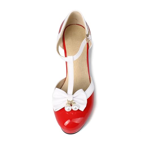 Image of Elbslutt Women's Cute Retro Rockabilly Shoes T Strap Mary Janes Heels Chunky Cosplay Shoes Sweet Block Heeled Bow Pumps