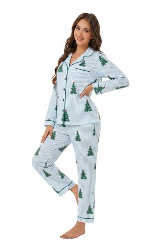 Image of LUBOT Christmas Pajamas for Women 100% Cotton Pajama 2 Piece PJ Set Soft Long Sleeve Button Xmas Print Loungewear XS-XXL