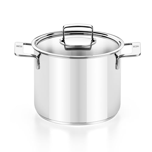Image of BRA COOKWARE Signature Stainless Steel Stock Pot w /Glass Lid | 9.5 Inch 9 Quart Professional Grade Cooking Pot | PFOA Free Deep Pot | All Cooktops | All Cooktops (incl. Induction) & Oven Safe