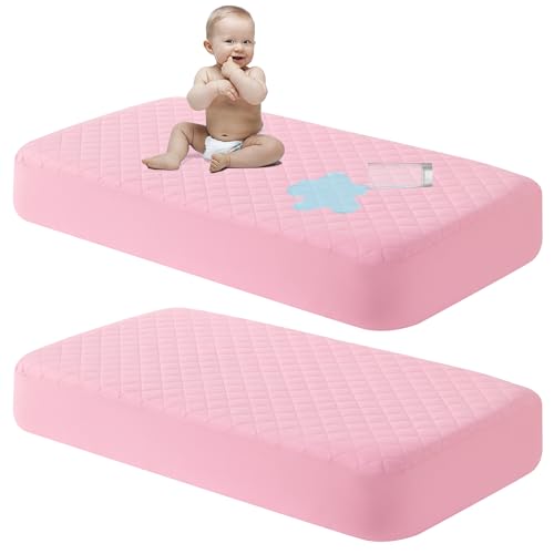 Image of NTBAY 2 Pack Waterproof Mini Crib Mattress Protector, Quilted 24"x38" Fitted Mattress Cover - Machine Washable - Soft and Breathable Baby Mattress Pad Sheet for Mini Crib and Baby Playards, Pink