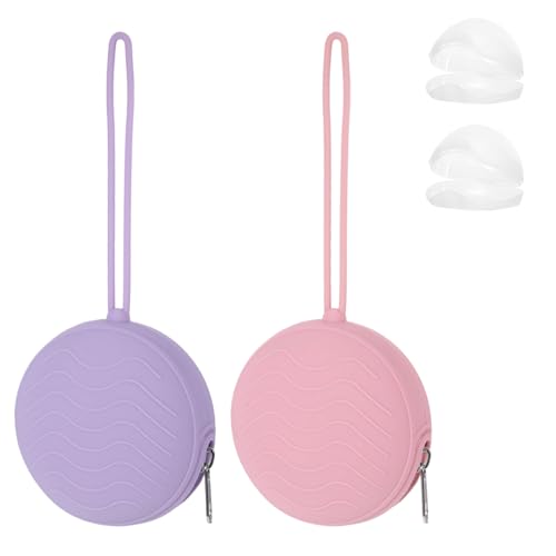 Image of Qiuruoo 2 Pack Pacifier Holder Bag, 2 Newborn Baby Portable Silicone Pacifier Holder Case, Silicone Holder for Diaper Bag, Travel Outdoor Activities, Easy to Clean (Pink,Purple)