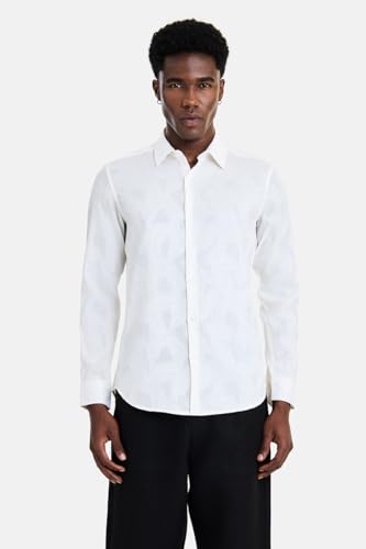 Image of SNITCH Men Shirt | Slim Fit Long Sleeve Spread Collar Jacquard Leaf Pattern | Premium Polyester Cotton Blend & Breathable Fabric for Elegant Events