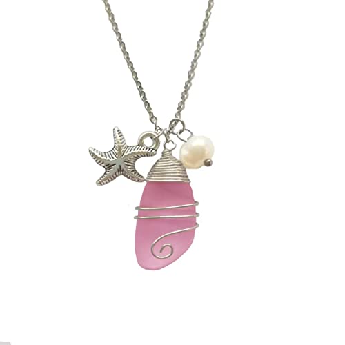 Azusa Sun Sea Glass Necklace for Women Men Wire Wrapped Beach Necklaces with Starfish Imitation Pearl Handmade Summer Beach Holiday Sea Glass Jewelry Gift - Pink Sea Glass & Starfish