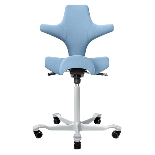Image of HAG Capisco Sit to Stand Chair-Silver Frame-Upholstered Light Blue Washed