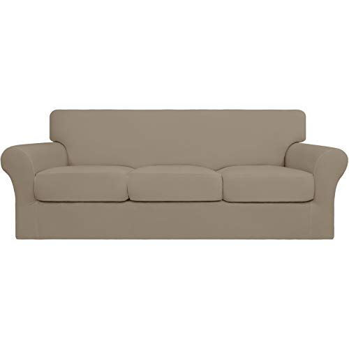 Image of Easy-Going 4 Pieces Stretch Soft Couch Cover for Dogs - Washable Sofa Slipcover for 3 Separate Cushion Couch - Elastic Furniture Protector for Pets, Kids(Sofa, Natural, Large) | Sofa Slipcover for Stretch 3 Separate Sectional Cushion Couch - Furniture Protector for Pets, Kids Natural