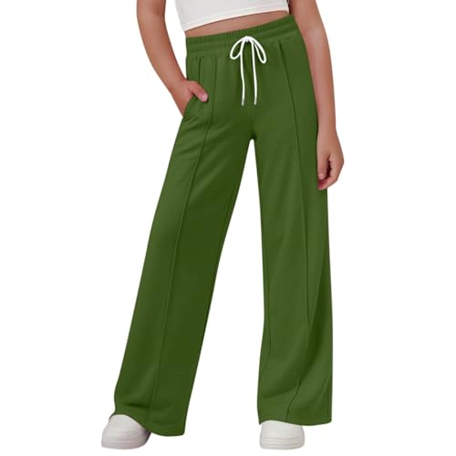 Generisch Pantalon pour fille avec jambes larges, taille élastique, coupe droite, pantalon de loisirs confortable pour enfants, adolescents, mode estivale, pantalon long, design uni, vert, 11-12 ans