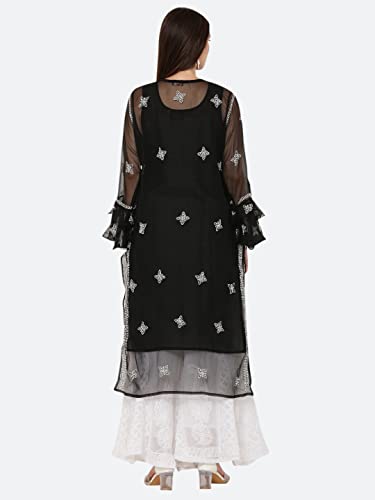 Image of FAWOMENT Women's Designer Georgette Straight Kurta with Hand Crafted Lucknowi Chikankari Embroiderey Emblemished Moti Work Along