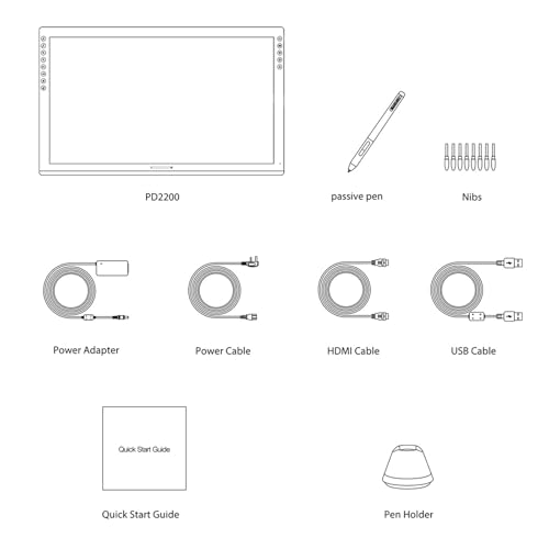 Tableta gráfica con pantalla PD2200 de 21,5 pulgadas, pantalla Full HD con gamut NTSC del 92 %, lápiz sin batería con 8192 niveles de presión y función de inclinación miniatura 3