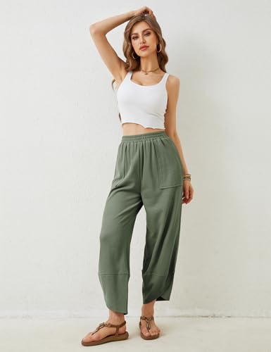 Image of Himosyber Women Cotton Pants Wide Leg Pants Casual Loose Baggy Elastic Waist Beach Palazzo Harem Pants