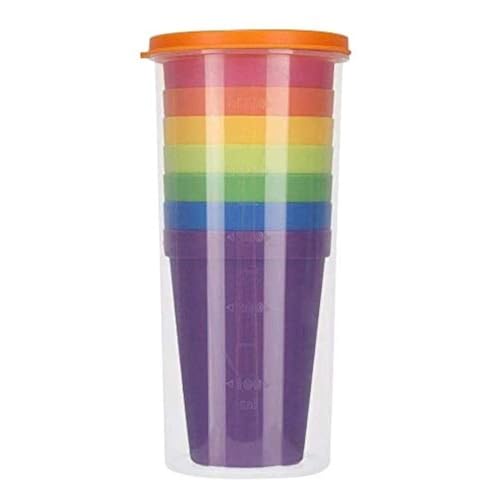 LSTK Juego de Vasos, Sin BPA, reutilizables y encajables; 7 vasos de plástico de colores (200 ml) y 1 botella de agua (500 ml)