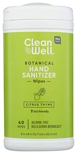 CleanWell Botanical Hand Sanitizer Wipes, Citrus Thyme, 40 Count (1 PK) - Alcohol Free, Antibacterial, Kid Friendly, Plant-Based, Nontoxic, Cruelty Free, Moisturizing Formula