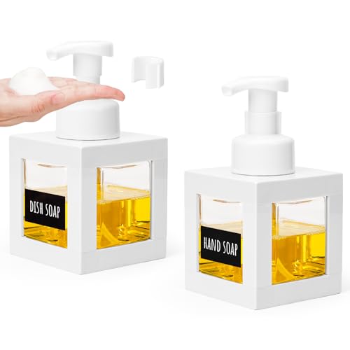 Image of Segbeauty 11.84oz Foaming Soap Dispensers, 2pcs 350ml Refillable Dish Soap Foam Dispenser with Labels for Kitchen Sink, Square Hand Soap Dispenser Pump Bottles Shower Containers for Shampoo Bathroom
