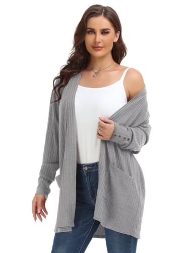 Image of MONNURO Plus Size Open Front Cardigan Sweaters for Women Lightweight Long Sleeve Fall Coat with Pockets(O-Gray,5X