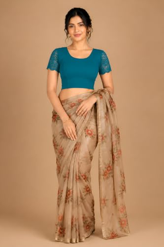 Image of Abhi Cotton Readymade Saree Blouse for Women- Half Net Sleeves, Round Neck, Regular-fit, Stretchable, Pull-on Style Blouse