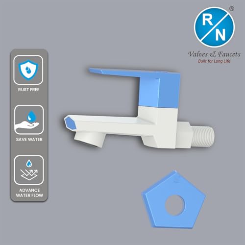 Image of RN PTMT Bib Cock for Bathroom | 15mm Foam Flow Water Tap with Flange | Luxury G20 Series Faucet | High-Grade Engineering Polymer Tap (White Blue Dual, Pack of 1)