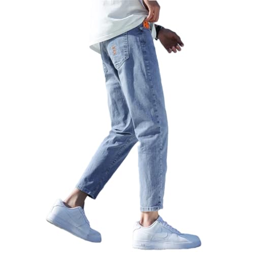 Men Stretch Ankle Length Jeans Light Blue Cotton Slim Fit Denim Pants Korean Trousers Blue-01 30