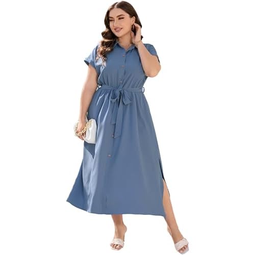 KOJOOIN Plus Size Maxi Dresses for Women Summer Tie Belt Work Polo Dress Business Casual Button Down Dress, 3X-Large, Light Blue