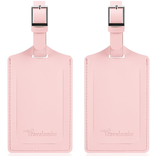Travelambo Luggage Tags for Suitcases Faux Leather Privacy Protection 2 Pack Bag Tags Travel Accessories Essential Light Pink